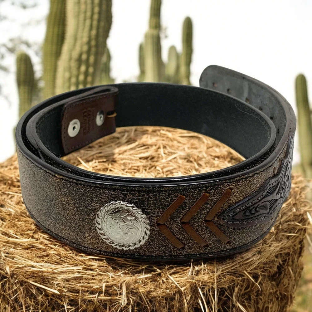 Vintage Genuine Tooled Brown Leather Topstitched Concho Western Belt ONLY Sz 36